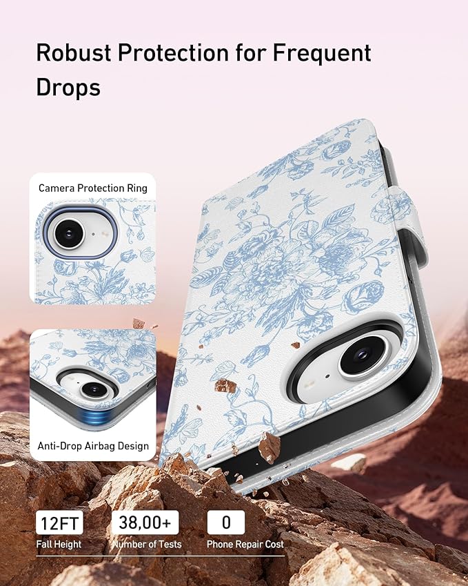 DEENAKIN for iPhone 16e Wallet Case with Card Holder + Cash Clip, RFID-Blocking, Military-Grade Drop Protection, Magnetic Closure with Leather Kickstand - Blue Floral Design