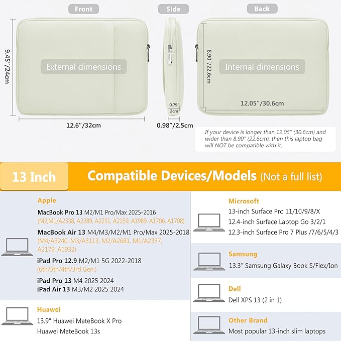 HYZUO 13 Inch Laptop Sleeve Bag Set for MacBook Air 13 M4/M3/M2/M1 2025-2018, MacBook Pro 13 M2/M1 2025-2016, iPad Pro/Air 13, XPS 13, Surface Pro, Notebook Case for 12"-13" Tablet, Beige