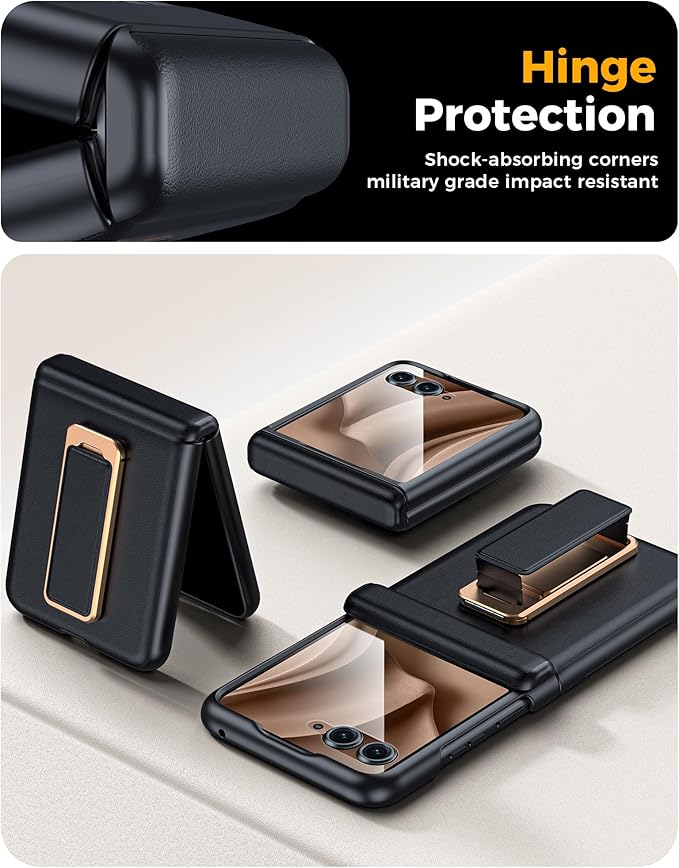 for Motorola Razr+ Plus 2025 Case/Razr+ Plus 2024 Case, Built-in Screen Protector & Hinge Protection & 360° Spin Stand & Hand Strap, Slim Leather Shockproof Phone Case for Razr+ 2025(Black)