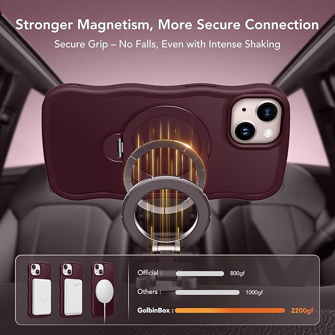 for iPhone 13 Case & iPhone 14 Case for Women,[Compatible with Magsafe][360° Spin Magnetic Stand][Cute Wave Edge][Military-Grade Protection]Translucent Matte Phone case for iPhone 13/14, Wine Red