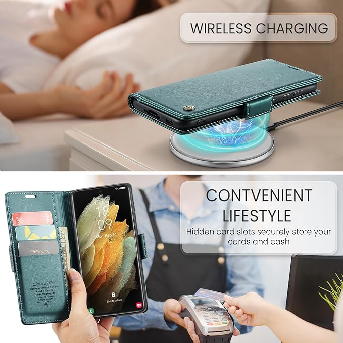 Case for Samsung Galaxy S21 Ultra Wallet Case, RFID Blocking PU Leather Flip Folio Cover Card Holder Kickstand Shockproof Phone Case Compatible with Samsung Galaxy S21 Ultra, Blue Green