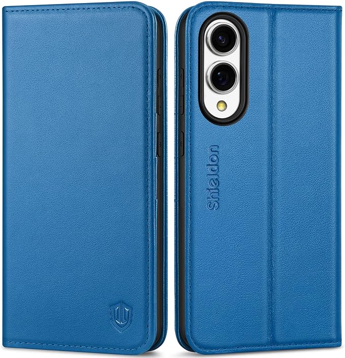 SHIELDON Case for Galaxy S25 Edge 6.7", Genuine Leather Wallet RFID Blocking Credit Card Holder Kickstand Magnetic Full Protective Case Compatible with Galaxy S25 Edge 2025 - Nappa Sapphire Blue