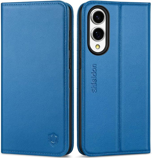 SHIELDON Case for Galaxy S25 Edge 6.7", Genuine Leather Wallet RFID Blocking Credit Card Holder Kickstand Magnetic Full Protective Case Compatible with Galaxy S25 Edge 2025 - Nappa Sapphire Blue