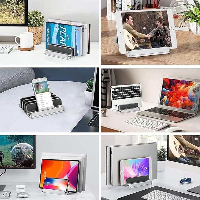 Vertical Laptop Stand [Updated Version],3-Slot Space-Saving Aluminum Desktop Stand Holder with Adjustable Dock Size Compatible for All MacBook/HP/Dell/Surface/Samsung/Chrome Book(Silver)