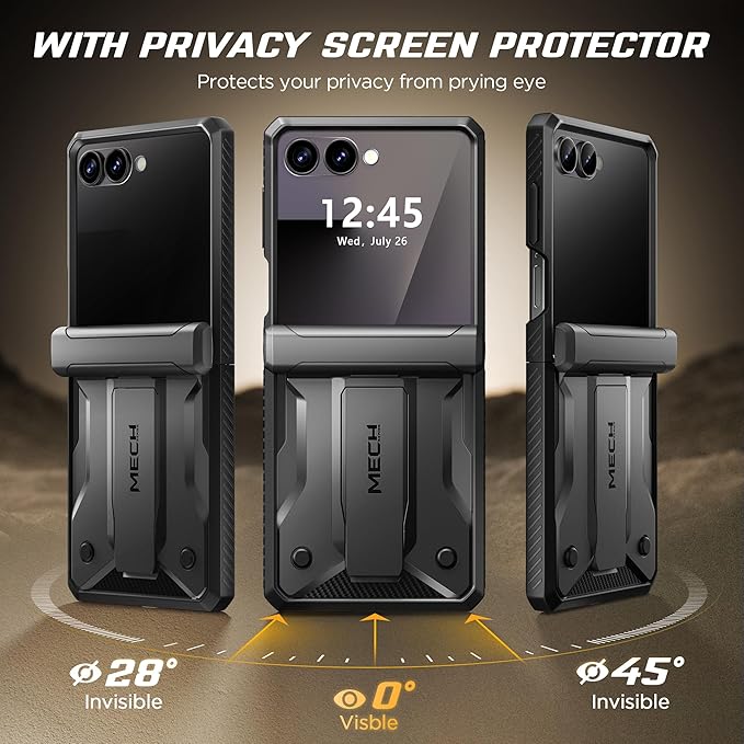 TONGATE for Z Flip 7 Case with Privacy Screen Protector, [Stand & Belt-Clip] [Hinge Protection] [Anti-Slip], Full-Body Military Grade Protective Phone Case for Samsung Galaxy Z Flip 7 5g 2025, Black