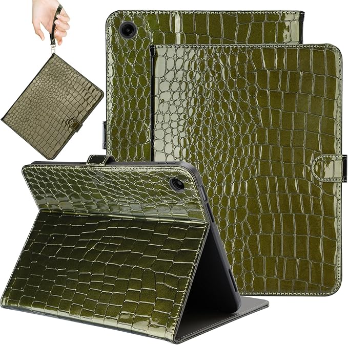 Elegant Case for Samsung Galaxy Tab A9 Plus 11 Inch 2023（Model: SM-X210/X216/X218）, Premium Leather Crocodile Cover | Stand | Card Pockets| Wrist Strap| S Pen Holder (Dark Green)