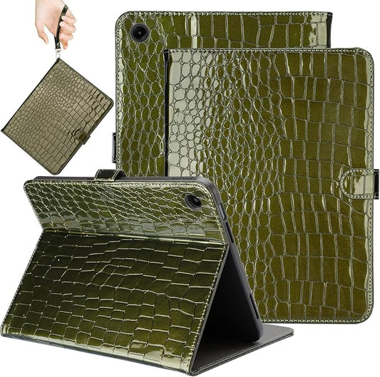 Elegant Case for Samsung Galaxy Tab A9 Plus 11 Inch 2023（Model: SM-X210/X216/X218）, Premium Leather Crocodile Cover | Stand | Card Pockets| Wrist Strap| S Pen Holder (Dark Green)