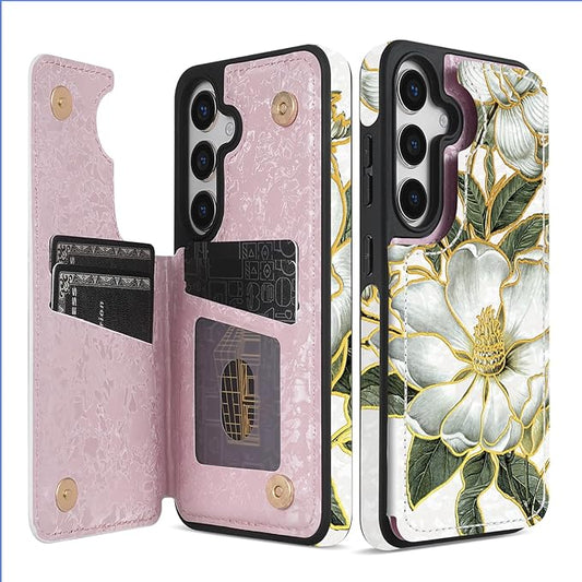 NNH Compatible with Samsung Galaxy S25 Plus Wallet Case with RFID Blocking Card Slots Folio Flip PU Leather Kickstand Double Magnetic Clasp Design Cover for Galaxy S25+(6.7 inch-Magnolia Flowers)