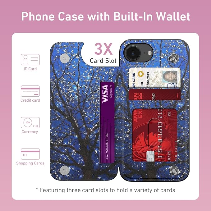 FUNMIKO for iPhone 16e Wallet Case with Card Holder, RFID-Blocking, Military-Grade Protection & UV-Printed Artwork, Magnetic Closure with Leather Kickstand - Dreamy Wishing Tree
