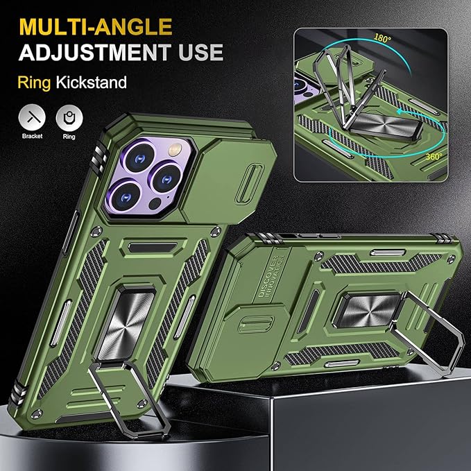 Case for iPhone 14 Pro Phone Case iPhone 14 Pro Case with Kickstand Ring Holder, with Camera Cover, with Magnetic Car Mount Function, for iPhone 14 Pro (Olive Green)