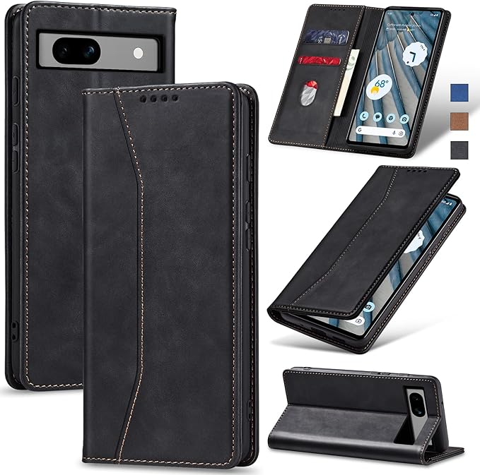 Jasonyu Flip Wallet Case for Google Pixel 7A,Leather Magnetic Folio Cover with Card Holder,Kickstand - TPU Shockproof Durable Protective Phone Case,Black