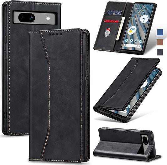 Jasonyu Flip Wallet Case for Google Pixel 7A,Leather Magnetic Folio Cover with Card Holder,Kickstand - TPU Shockproof Durable Protective Phone Case,Black