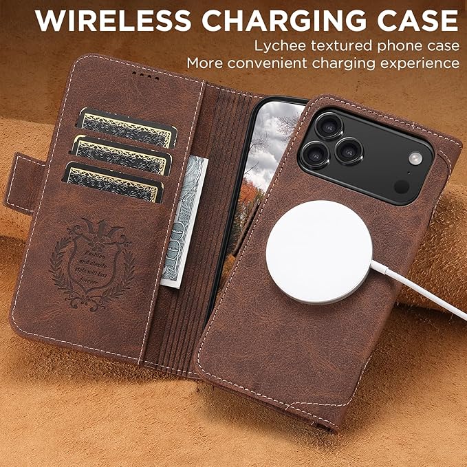 Leather Magnetic Wallet Case for iPhone17 Pro Max Compatible with MagSafe & Wireless Charging, 3 Card Slots & ID Holder, Kickstand, 360° Military Shockproof Protection Premium Brown