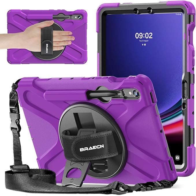 BRAECNstock for Samsung Galaxy Tab S10 Lite/ S10 FE/ S9 FE/ S9/ S8/ S7 5G Case 10.9"/11", Shockproof Protective Kids Case with Pencil Holder, Rotating Hand Strap & Stand, Shoulder Strap, Purple