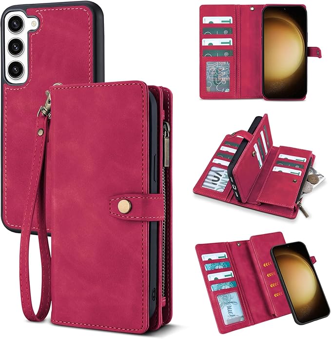 TwoHead for Samsung Galaxy S23 Plus Wallet Case with Card Holder,Detachable Magnetic Phone Case for Galaxy S23 Plus,PU Leather All-Round Protective Phone Cover Wallet with Strap(6.6 in,Wine Red)