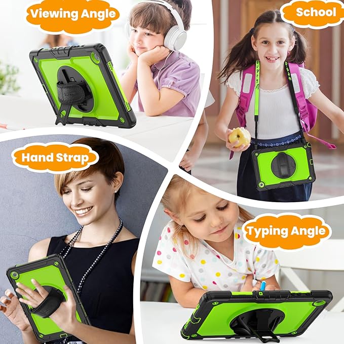 SEYMAC stock Case for Samsung Galaxy Tab A8 10.5'', Full-Body Drop Protection Case with Screen Protector Pencil Holder [360° Rotating Hand Strap] &Stand, Green+Black