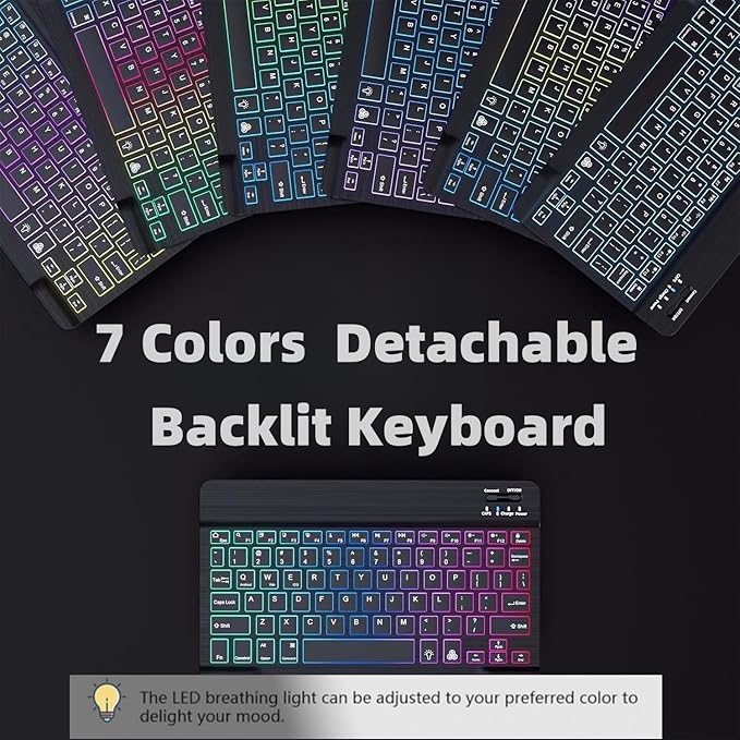 Keyboard Case for Galaxy Tab S10 Lite/ S10 FE/ S9 FE/S9/S8/S7, Slim Lightweight 7 Color Rainbow Backlight Detachable Magnetic Keyboard Cover with S Pen Holder, Pink