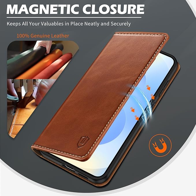 SHIELDON Case for Galaxy S25 Edge 5G, Genuine Leather Folio Wallet Magnetic Kickstand RFID Blocking Card Slots Shockproof Full Protection Cover Compatible with Galaxy S25 Edge 6.7" 2025 - Retro Brown