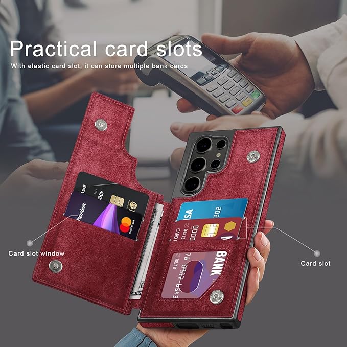 DJDUCK Designed for Samsung Galaxy S25 Ultra Case Wallet with Card Holder, [Magnetic Clasp Cover] [RFID Blocking Leather Protection] Shockproof Women Men Cases for Samsung S25 Ultra Red