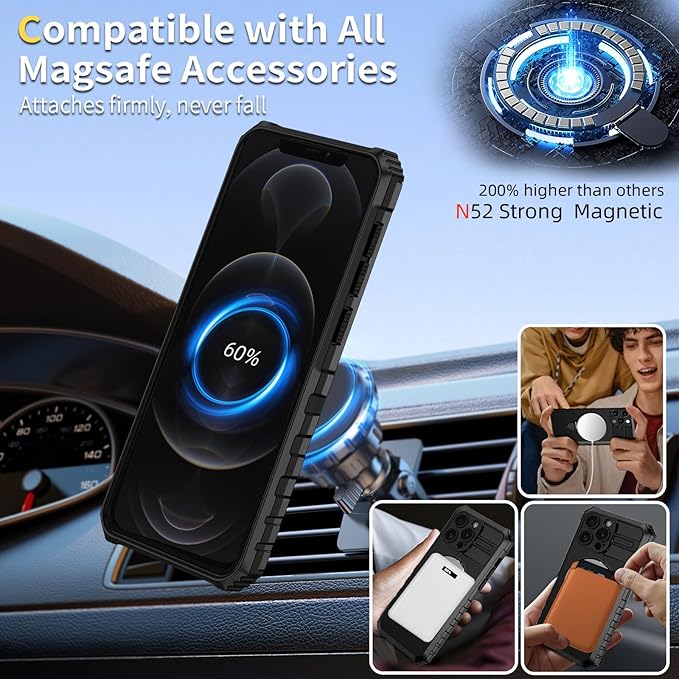 for iPhone 12 Pro Case Magnetic Compatible with MagSafe Wireless Charging,with 2 Screen Protector,with Kickstand Ring Shockproof Shock-Absorbent Heavy Duty Protection Scratch Resistant Black