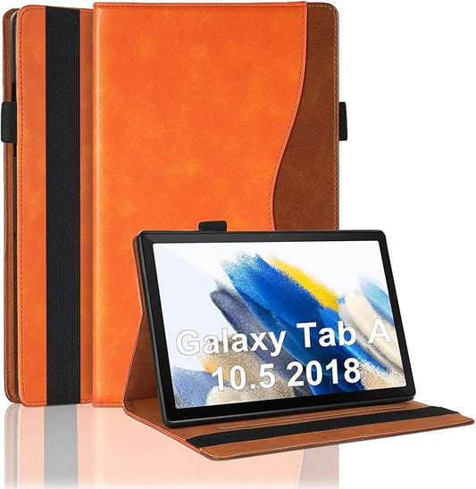 Case for Samsung Galaxy Tab A 10.5 2018 Model SM-T590/T595/T597 Bussiness Premium Slim PU Leather Stand Folding Folio Cover with Card Slot Pen Holder-Orange