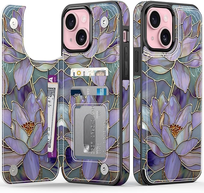 FUNMIKO for iPhone 13 Mini Wallet Case with Card Holder, RFID-Blocking, Military-Grade Protection & UV-Printed Artwork, Magnetic Closure with Leather Kickstand - Dreamy Lotus