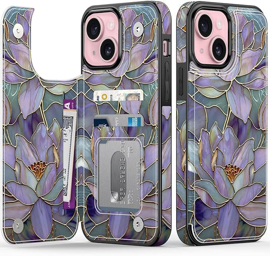 FUNMIKO for iPhone 13 Mini Wallet Case with Card Holder, RFID-Blocking, Military-Grade Protection & UV-Printed Artwork, Magnetic Closure with Leather Kickstand - Dreamy Lotus