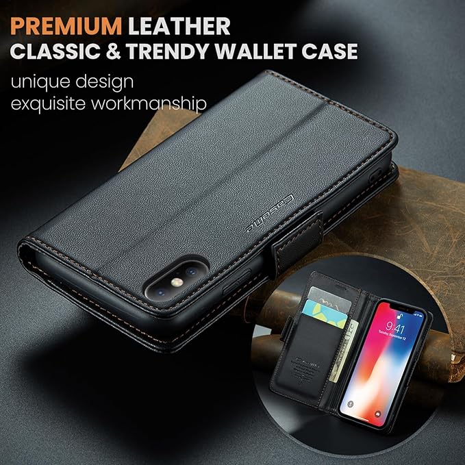 for iPhone X Case/iPhone Xs Case, Premium PU Leather Wallet Case Flip Cover with [RFID Blocking][Card Holder][Stand Function] Shockproof Protective for iPhone X/XS, Black