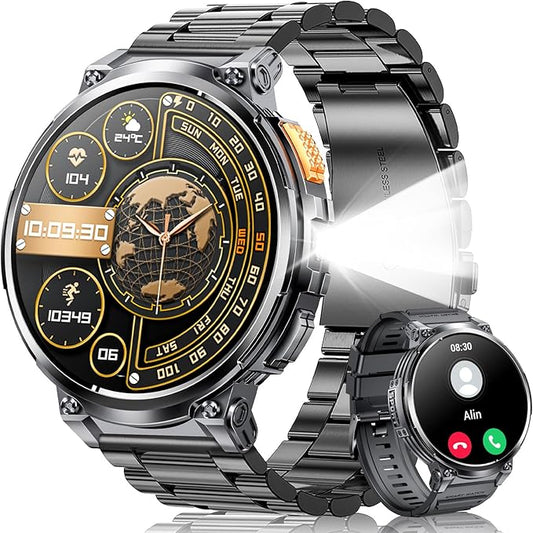 Military Smart Watch for Men 1.85” Big Screen Smart Watch, LED Flashlight/730mAh Battery/100+ Sports Modes Fitness Watch, Heart Rate Sleep Tracker Smartwatch for iOS Android (Black Stainless Steel)