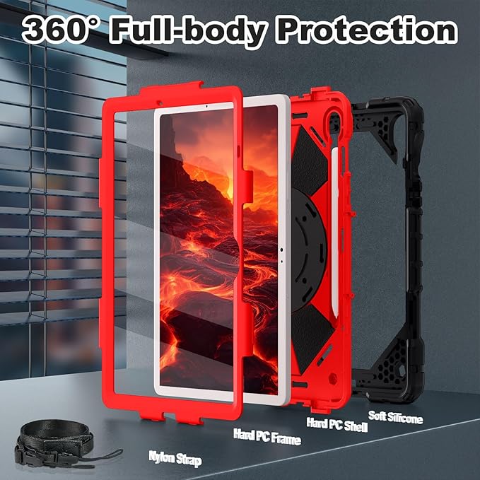 WESOROL Case for Samsung Galaxy Tab S10 Lite/S10 FE/S9 FE 10.9 Inch (2025/2023) Galaxy Tab S9 11 Inch,Shockproof Cover for Samsung S9 FE with Rotating Stand Screen Protector Pencil Holder,Black Red