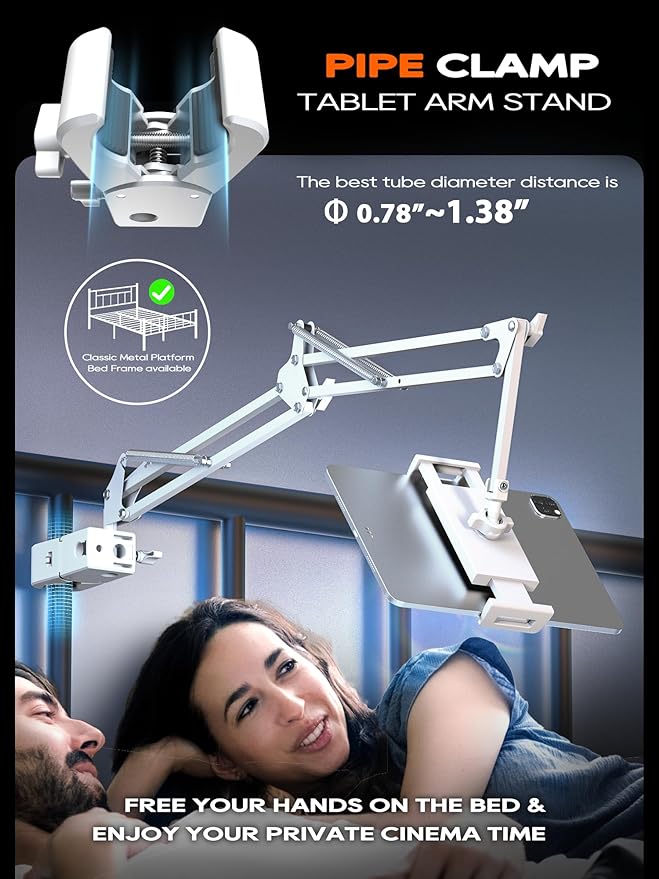 Tablet Stand, Tablet Mount Adjustable with Clamp for Round tube, Universal Flexible Tablet Holder with 360 Degree Rotation for iPad/iPhone/iPad Pro/N-Switch,or Other 4.5~13.5 Inches Devices (White)