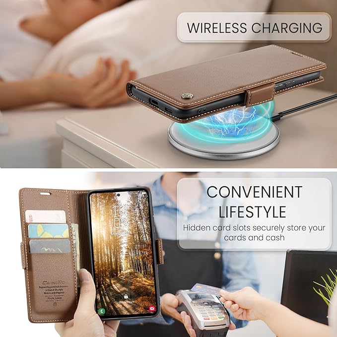 AUPAI for Samsung Galaxy S24 FE Wallet Case with Credit Card Holder, PU Leather RFID Blocking Folio Flip Kickstand Magnetic Clasp Protective Phone Cover for Women Men Brown