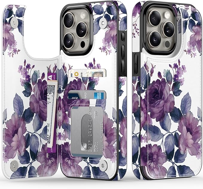 FUNMIKO for iPhone 15 Pro Wallet Case with Card Holder, RFID-Blocking, Military-Grade Protection & UV-Printed Artwork, Magnetic Closure with Leather Kickstand - Elegant Purple Floral