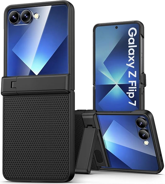 Vihibii for Samsung Galaxy Z Flip 7 Case with Kickstand & Rugged Hinge Protection & Outer Screen Protector & Non-Slip Texture, Shockproof Full Body Cover Case for Samsung Galaxy Z Flip 7 2025, Black