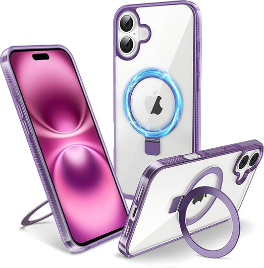 Magnetic Case for iPhone 16 Plus - [Built-in Invisible Stand] [Compatible with MagSafe] [Military Grade Drop Protection] Anti-Yellowing Hard Back Silicone Edge Cover, 6.7", Clear Purple