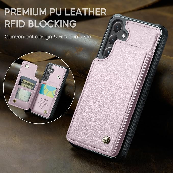 Vinich for Samsung Galaxy S24 Wallet Case with Card Holder, RFID Blocking Credit Slots Kickstand Shockproof Phone Cover for Women Men, Pink