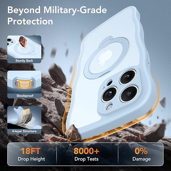 for iPhone 14 Pro Max Case for Women,[Compatible with Magsafe][360° Spin Magnetic Stand][Cute Wave Edge][Military-Grade Protection]Translucent Matte Phone Case for iPhone 14 ProMax, Baby Blue