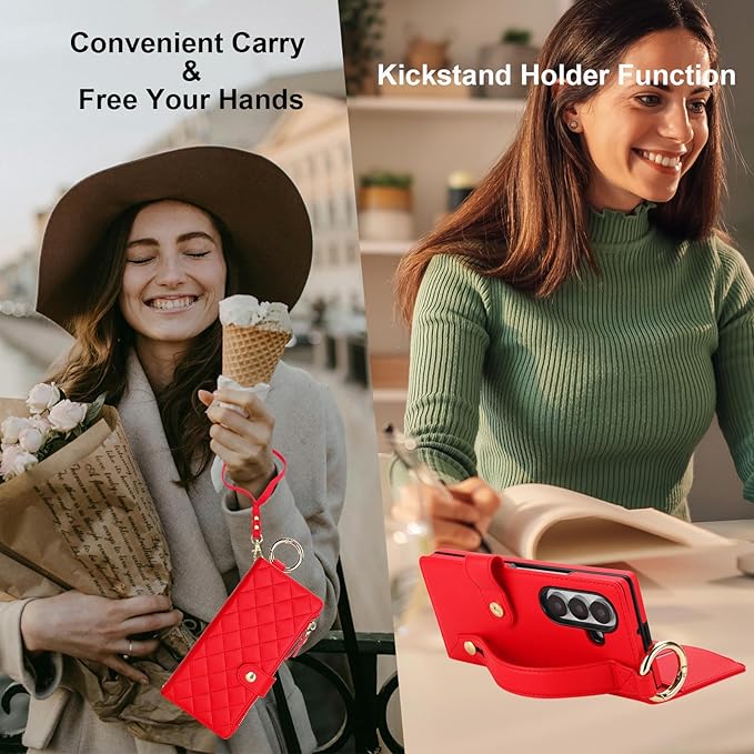 KIHUWEY for Galaxy Z Fold 7 Wallet Case with Card Holder Premium Leather Magnetic RFID Blocking Shockproof Zipper Wrist Strap Lanyard Cover for Samsung Galaxy Z Fold 7 8.0 Inch (Red)