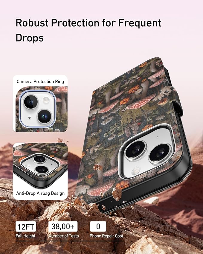 DEENAKIN for iPhone 15 Wallet Case with Card Holder + Cash Clip, RFID-Blocking, Military-Grade Drop Protection, Magnetic Closure with Leather Kickstand - Mushroom Floral