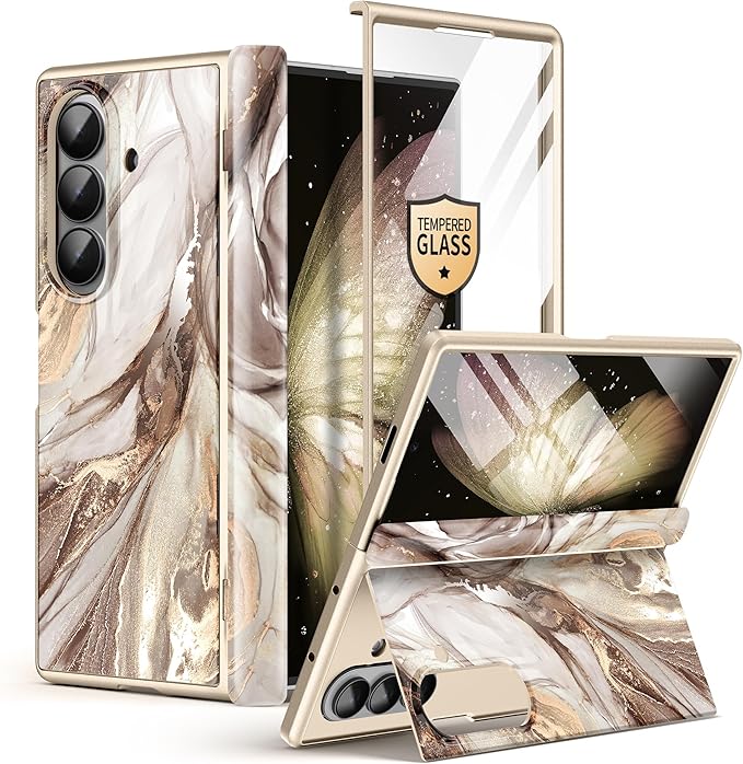 GVIEWIN for Samsung Galaxy Z Fold 7 Case Built-in HD Screen Protector [Compatible with Magsafe][Hidden Kickstand] Magnetic Full-Body Hinge Protection Slim Phone Case for Z Fold 7, Topaz/Gold