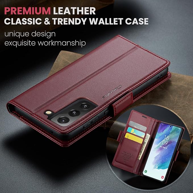 Case for Samsung Galaxy S21 FE Wallet Case, RFID Blocking PU Leather Flip Folio Cover Card Holder Kickstand Shockproof Phone Case Compatible with Samsung Galaxy S21 FE, Red