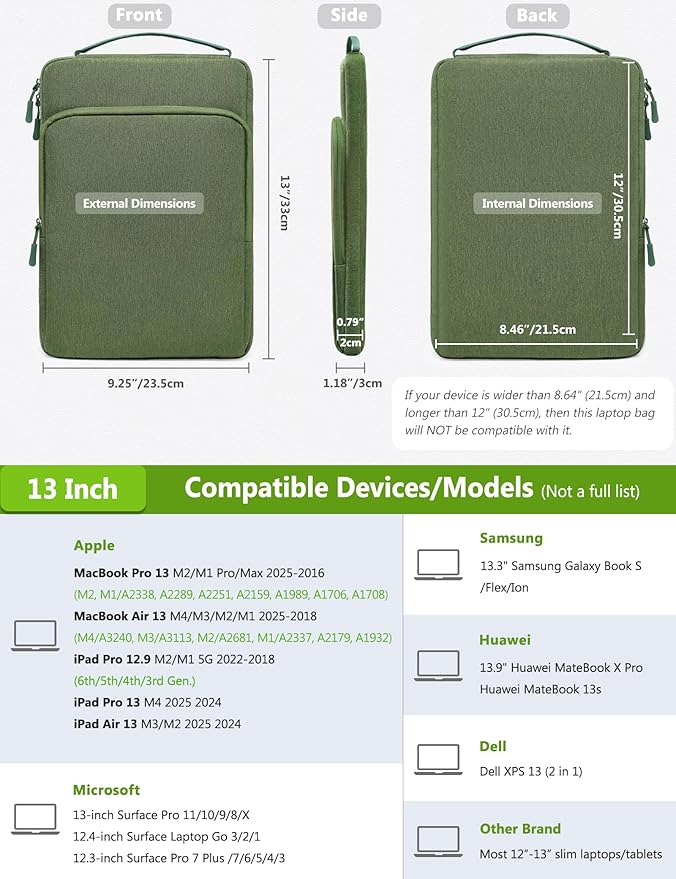 HYZUO 13 Inch Laptop Bag Sleeve for MacBook Air 13 M4 M3 M2 M1 2025-2018, MacBook Pro 13 M2 M1 2025-2016, 13" iPad Pro/Air, Surface Pro, XPS 13, Protective Case for 12"-13" Tablet, Grass Green