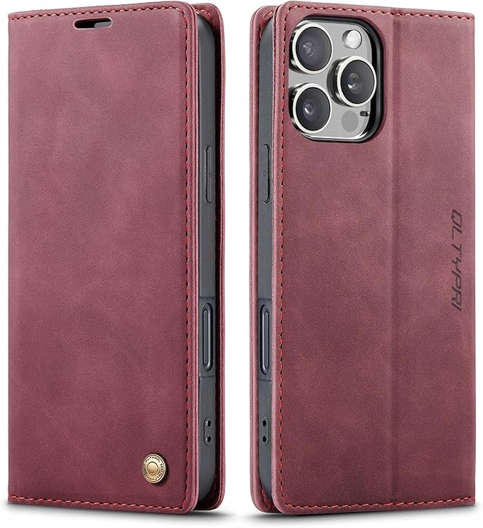 QLTYPRI for iPhone 16 Pro Case Wallet with Card Holder, Vintage PU Leather Kickstand Magnetic Closure Shockproof Folio Book Cover Case for iPhone 16 Pro - Wine Red