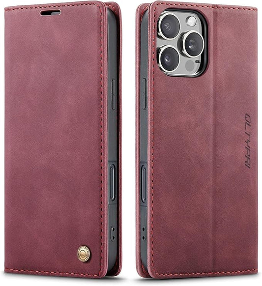 QLTYPRI for iPhone 16 Pro Case Wallet with Card Holder, Vintage PU Leather Kickstand Magnetic Closure Shockproof Folio Book Cover Case for iPhone 16 Pro - Wine Red