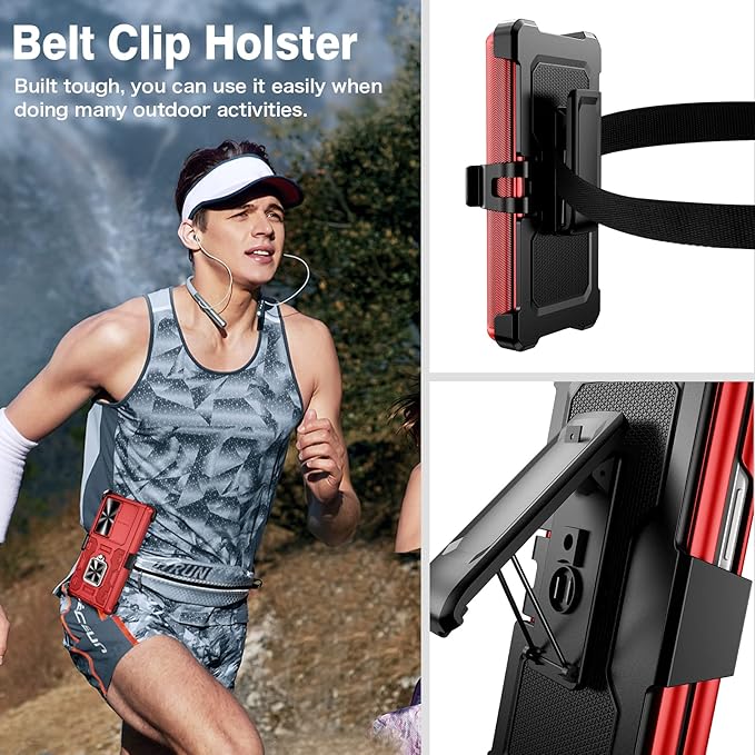 VEGO for Galaxy Z Fold 4 Case with Kickstand, Hinge Protection & Belt Clip Holster & Front Screen Protector & Slide Camera Cover Magnetic Kickstand Cover - Red