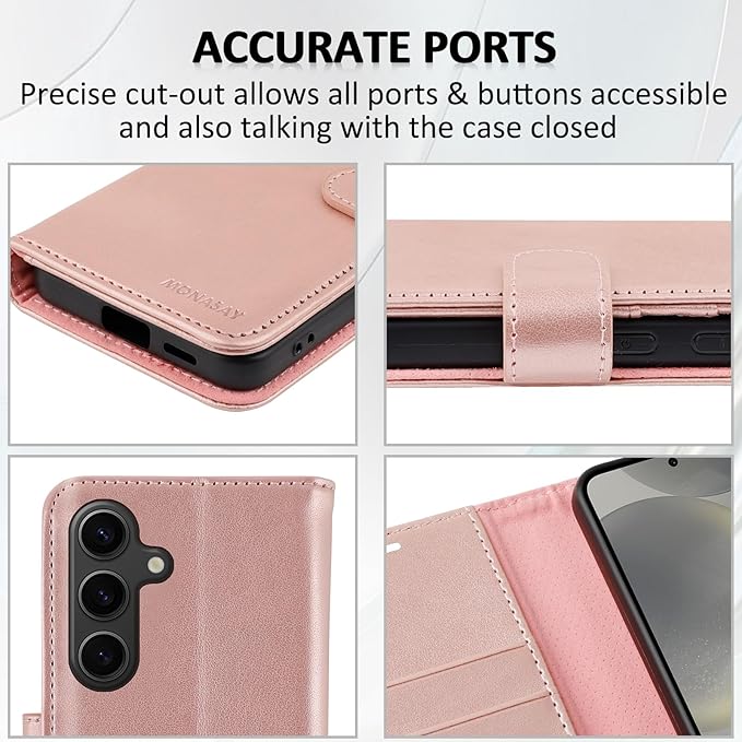 MONASAY Wallet Case Fit for Samsung Galaxy S24+ Plus 5G, [Lens & Glass Screen Protector Included] [RFID Blocking] Flip Folio Leather Cell Phone Cover with Credit Card Holder，6.7 inch, Rosegold