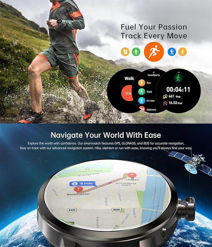 4G Smart Watch SL8541E Quad Core 2GB+16GB Rotating Camera Men Watch 1.75" AMOLED Large Screen Android 8.1 Smartwatch 1520mAh WiFi Bluetooth GPS Fitness Tracker Sport Watch (Black)