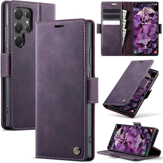 Wallet Case for Samsung Galaxy S25 Ultra Leather Wallet Flip Cover with Card Holder, Kickstand, Magnetic Closure, RFID Blocking TPU Shockproof Phone Case Compatible with S25 Ultra, Purple