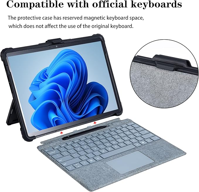 for Microsoft Surface Pro11 Pro10 Pro9 Tablet Protective Case 13 inches 2024/2022, Thicken and Rugged Cover with Stand Case, Compatible Keyboard Cover, Including Hand Strap Shoulder,Black