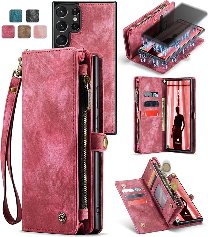 SZHAIYU 2 in 1 Detachable for Samsung Galaxy S23 Ultra Wallet Case with Card Holder, Retro Premium Flip Leather Cover Magnetic Zipper Pocket Phone Cases 6.8'' (Red,S23 Ultra)